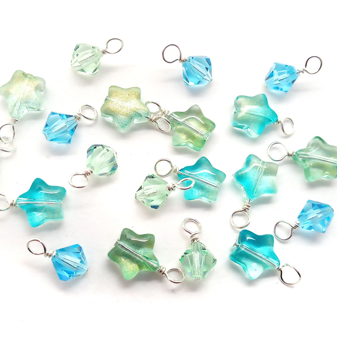 Star & Crystal Bicone Charm Mix, 16 pieces, Aqua Blue & Light Green Glass Bead Dangles, Adorabilities